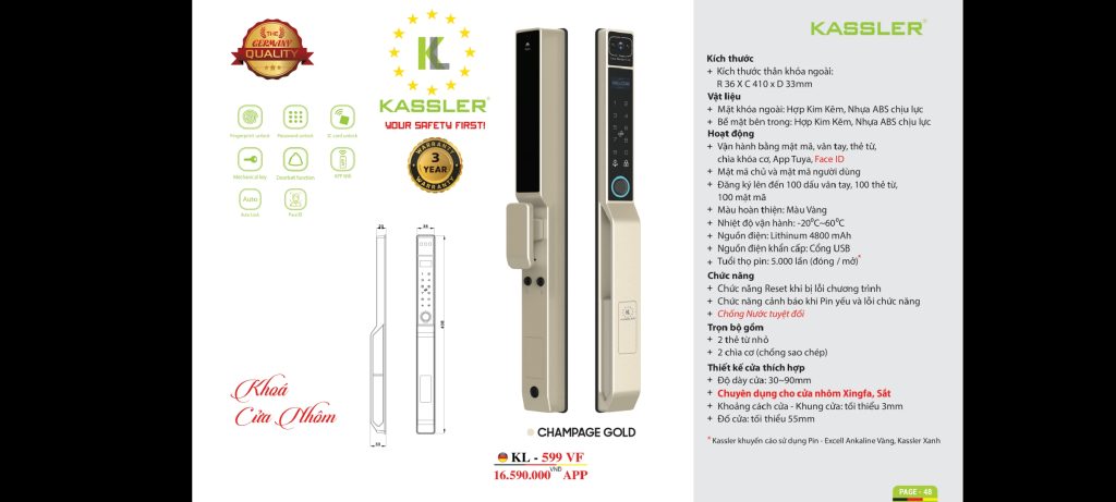 Khoá thông minh cửa nhôm Kassler KL-599 VF CHAMPAGE GOLD APP