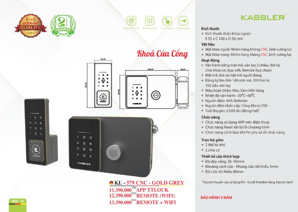 Khóa thông minh Kassler KL - 579CNC GOLD GREY